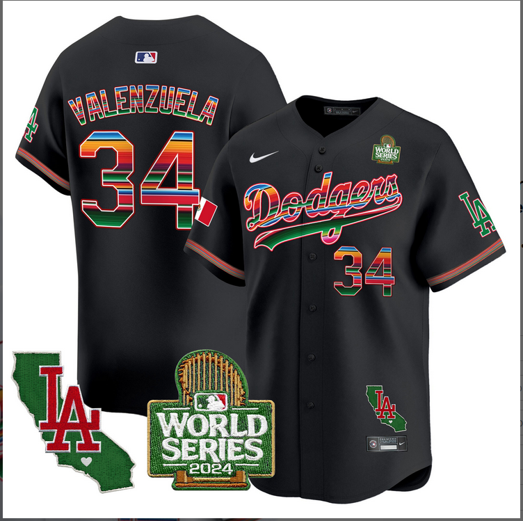 Men MLB Mexico Los Angeles Dodgers 34 Valenzuela black 2024 World Series Champions Patch Jersey 20241105